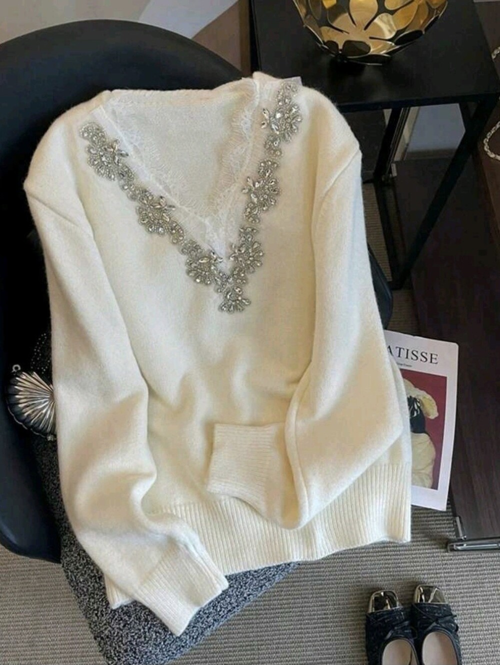 Casual Elegant Cute Lace Diamond Decor V-Neck Knit Sweater, Long Sleeve Warm